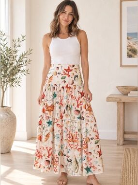 Commense Cream Maxi Skirt with Multicolor Sea Life Print